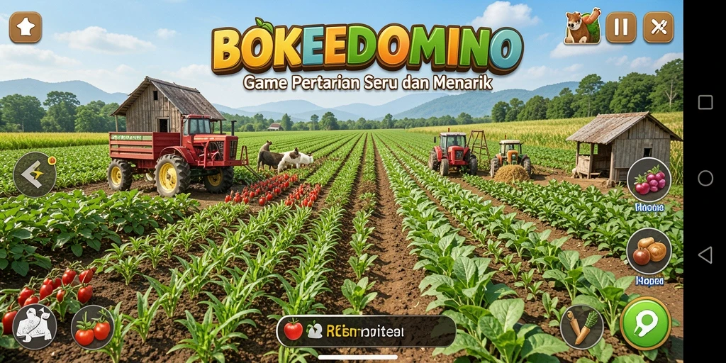 Screenshot gameplay BOKEDOMINO dengan aktivitas bertani yang seru.