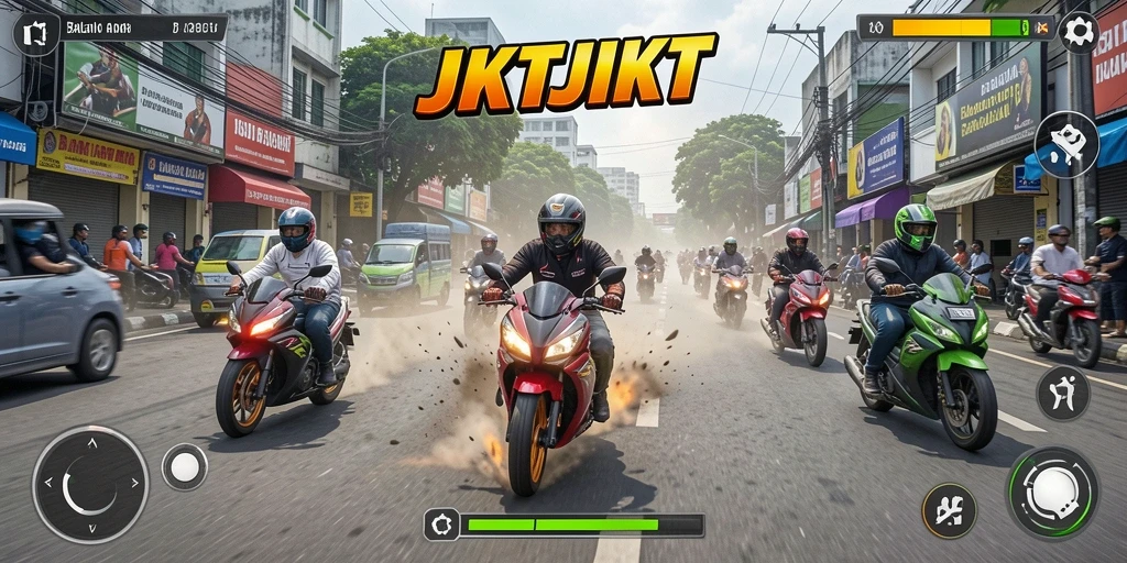 Tampilan menegangkan dari gameplay balapan motor di JKTJKT.