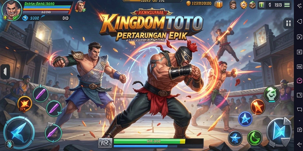 Tampilan gameplay KINGDOMTOTO dengan pertarungan yang intens dan karakter unik.