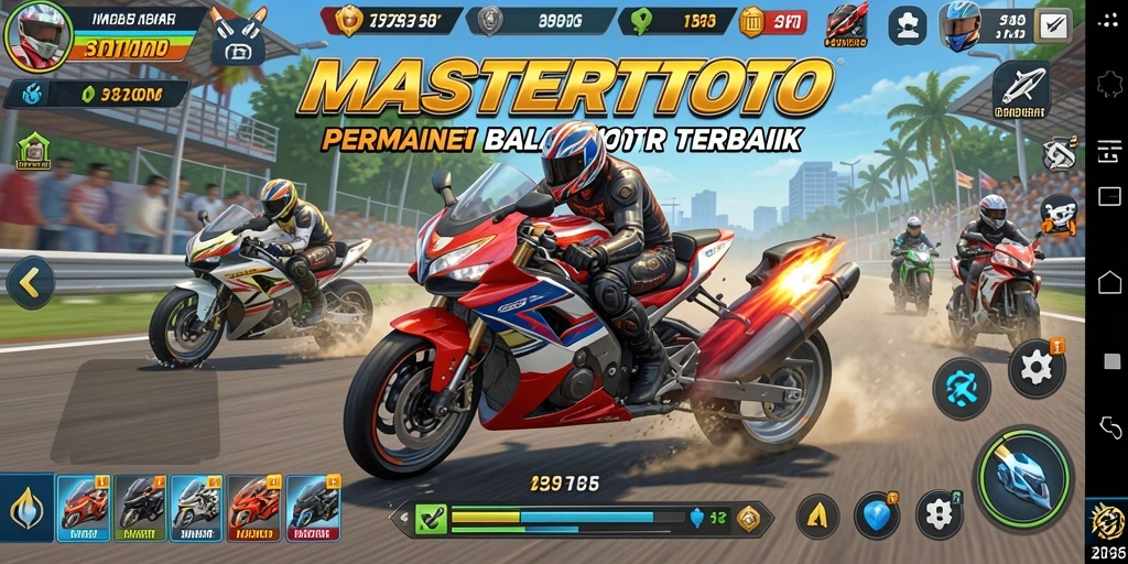 Screenshot gameplay MASTERTOTO menampilkan balapan motor yang mendebarkan.