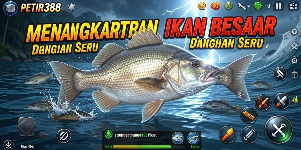 Screenshot gameplay PETIR388 menunjukkan aksi memancing yang seru.